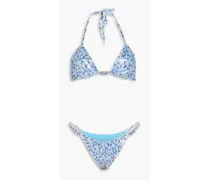 Crystal-embellished floral-print stretch-lamé halterneck triangle bikini - Blue