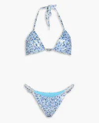 Alessandra Rich Crystal-embellished floral-print stretch-lamé halterneck triangle bikini - Blue Blue