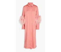 Feather-trimmed satin midi shirt dress - Pink