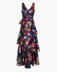 Marchesa Tiered embroidered floral-print organza gown - Blue Blue