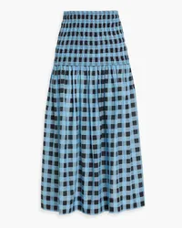 Ganni Shirred checked cotton and silk-blend midi skirt - Blue Blue