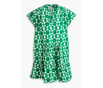 Ashley B gathered printed cotton-poplin mini dress - Green