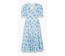 Adelaide tiered floral-print Swiss-dot cotton midi dress - Blue