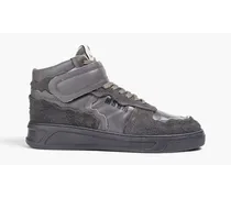 Suede-trimmed leather high-top sneakers - Gray