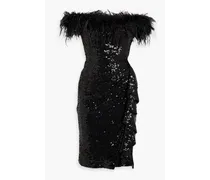 Off-the-shoulder feather-embellished sequined tulle dress - Black