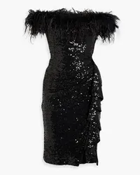 Badgley Mischka Off-the-shoulder feather-embellished sequined tulle dress - Black Black