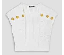 Cropped button-embellished ribbed-knit top - White