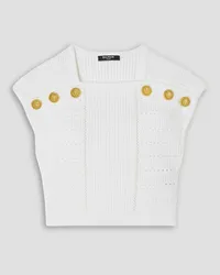 Balmain Cropped button-embellished ribbed-knit top - White White