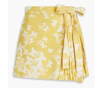 Skirt-effect bow-embellished printed stretch-crepe shorts - Yellow
