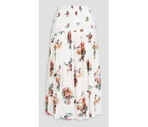 Shirred floral-print gauze midi skirt - White