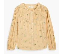 Shirred gathered floral-print cotton blouse - Yellow