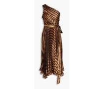 One-shoulder pleated silk-blend Lamé midi dress - Metallic