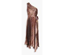 One-shoulder pleated silk-blend Lamé midi dress - Metallic