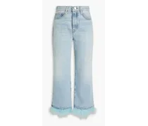 Cropped feather-embellished high-rise straight-leg jeans - Blue