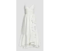 Wrap-effect tiered ruffled jacquard midi dress - White