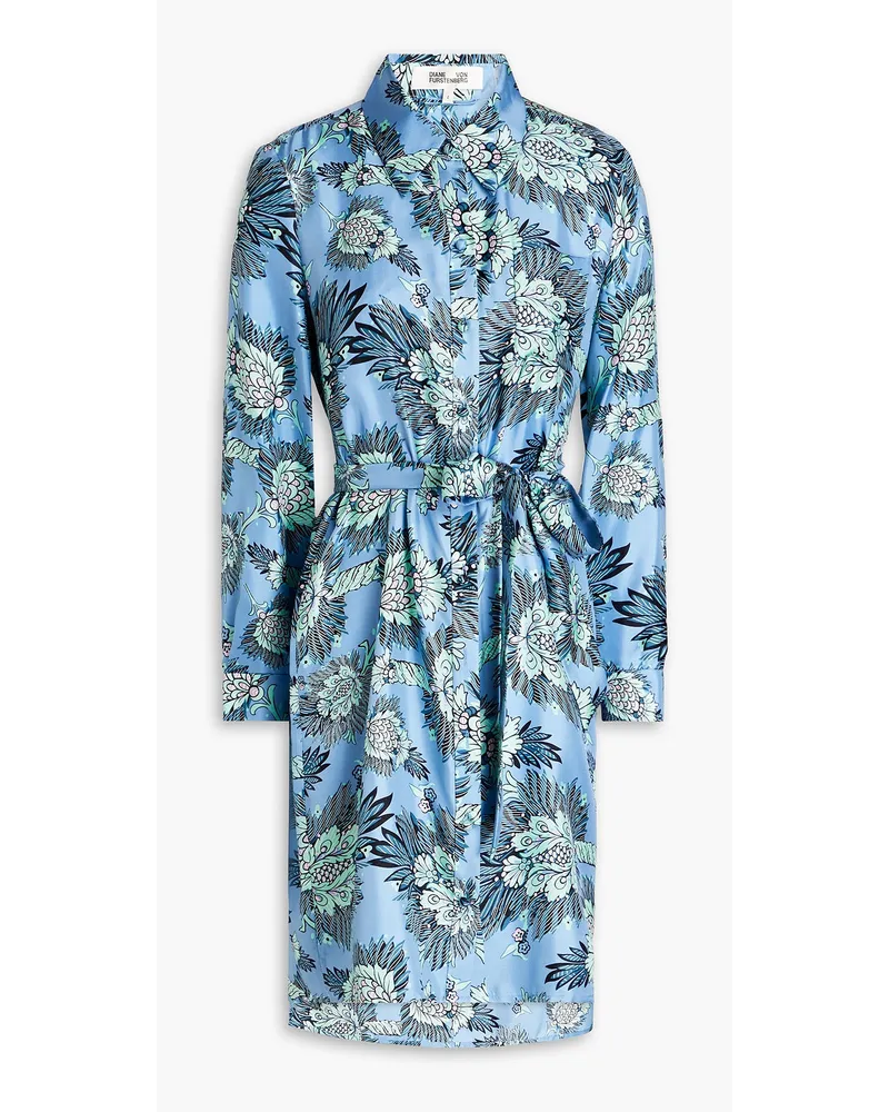 Prita belted printed silk-twill mini shirt dress - Blue