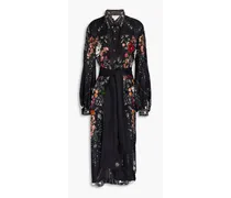 Crystal-embellished printed silk-twill midi shirt dress - Black