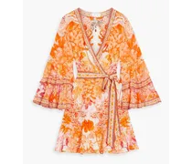 Crystal-embellished printed silk crepe de chine mini wrap dress - Orange