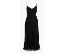 Pleated corded lace-paneled cotton-blend crepe midi dress - Black