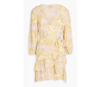 Ruffled floral-print mousseline mini wrap dress - Yellow