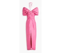 Off-the-shoulder crystal-embellished linen-blend maxi dress - Pink
