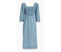 Shirred checked cotton-blend seersucker midi dress - Blue