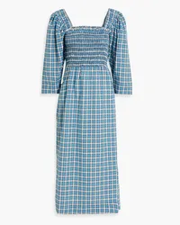 Ganni Shirred checked cotton-blend seersucker midi dress - Blue Blue