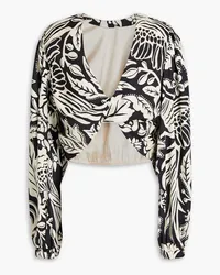 Johanna Ortiz Belle Tropic cropped floral-print TENCEL™-poplin blouse - Black Black