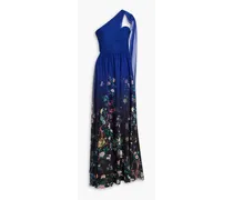 One-shoulder floral-print chiffon gown - Blue