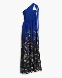 Marchesa One-shoulder floral-print chiffon gown - Blue Blue