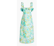 Ruffled floral-print linen midi dress - Blue