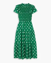 Cefinn Sabrina shirred tiered printed cotton-blend voile midi dress - Green Green