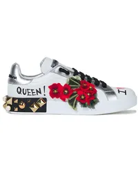 Dolce & Gabbana Metallic-trimmed embellished printed leather sneakers - White White