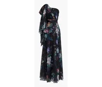 One-shoulder pleated floral-print chiffon gown - Black