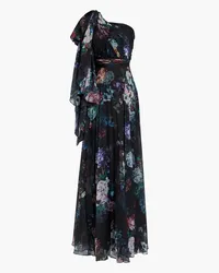 Marchesa One-shoulder pleated floral-print chiffon gown - Black Black