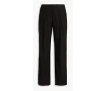 Pleated linen-blend straight-leg pants - Black