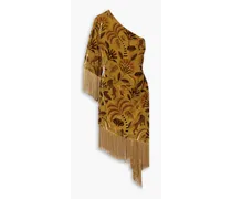 Asymmetric one-sleeve fringed devoré-velvet dress - Yellow