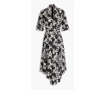 Asymmetric printed cotton-blend poplin midi dress - Black