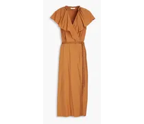 Ruffled woven midi wrap dress - Brown