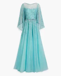 Jenny Packham Hestia cape-effect embellished tulle gown - Blue Blue