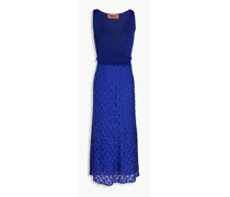 Wrap-effect crochet-knit wool-blend midi dress - Blue
