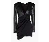 Wrap-effect metallic satin-paneled velvet mini dress - Black