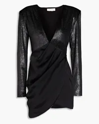 MATÉRIEL Wrap-effect metallic satin-paneled velvet mini dress - Black Black