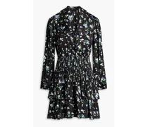 Cutout floral-print satin mini shirt dress - Black