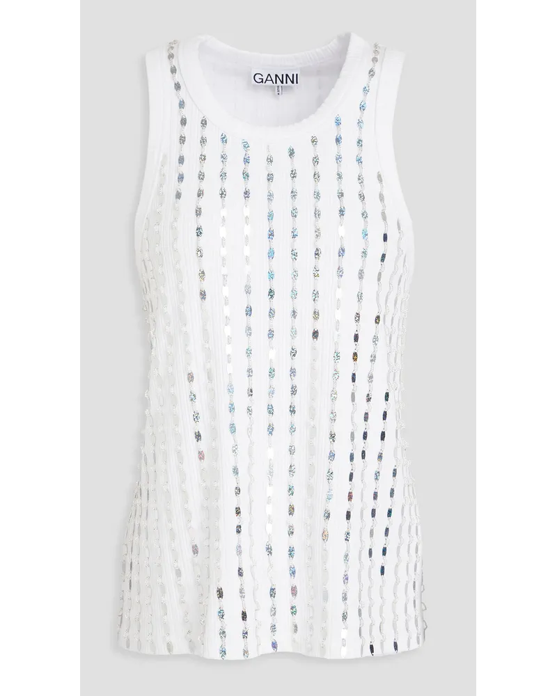 Ganni Embellished ribbed-jersey tank - White White