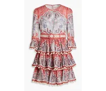 Tiered paisley-print linen mini dress - Red