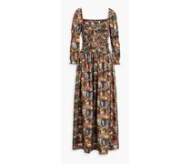 Harper shirred printed silk-twill maxi dress - Brown