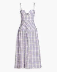 Ganni Gathered checked cotton-blend seersucker midi dress - Purple Purple