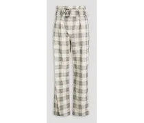 Belted checked cotton-blend straight-leg pants - White