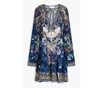 Crystal-embellished floral-print silk crepe de chine mini dress - Blue